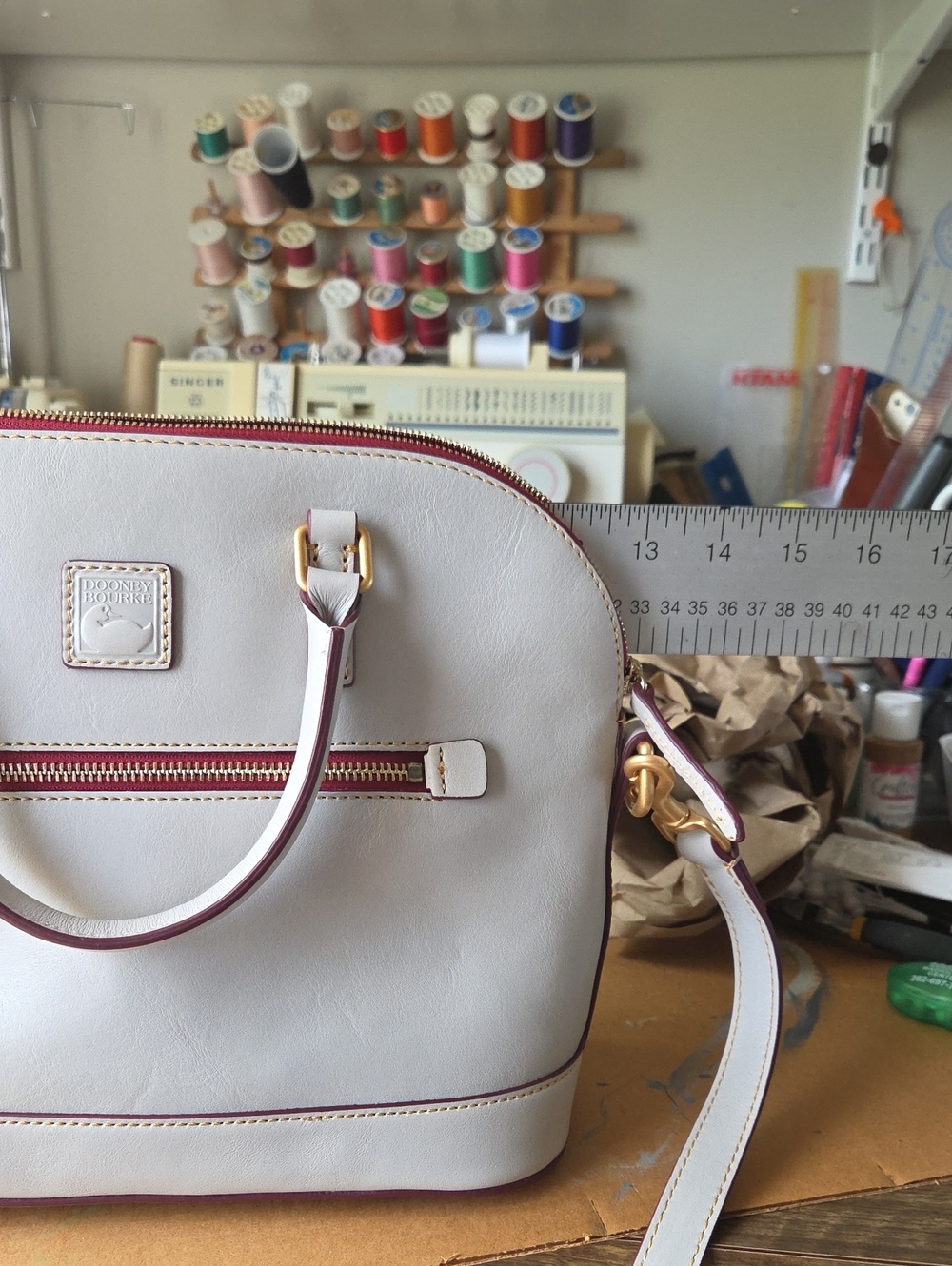 Dooney & Bourke Cream Leather Satchel with Red Trim - Picture 13 of 13